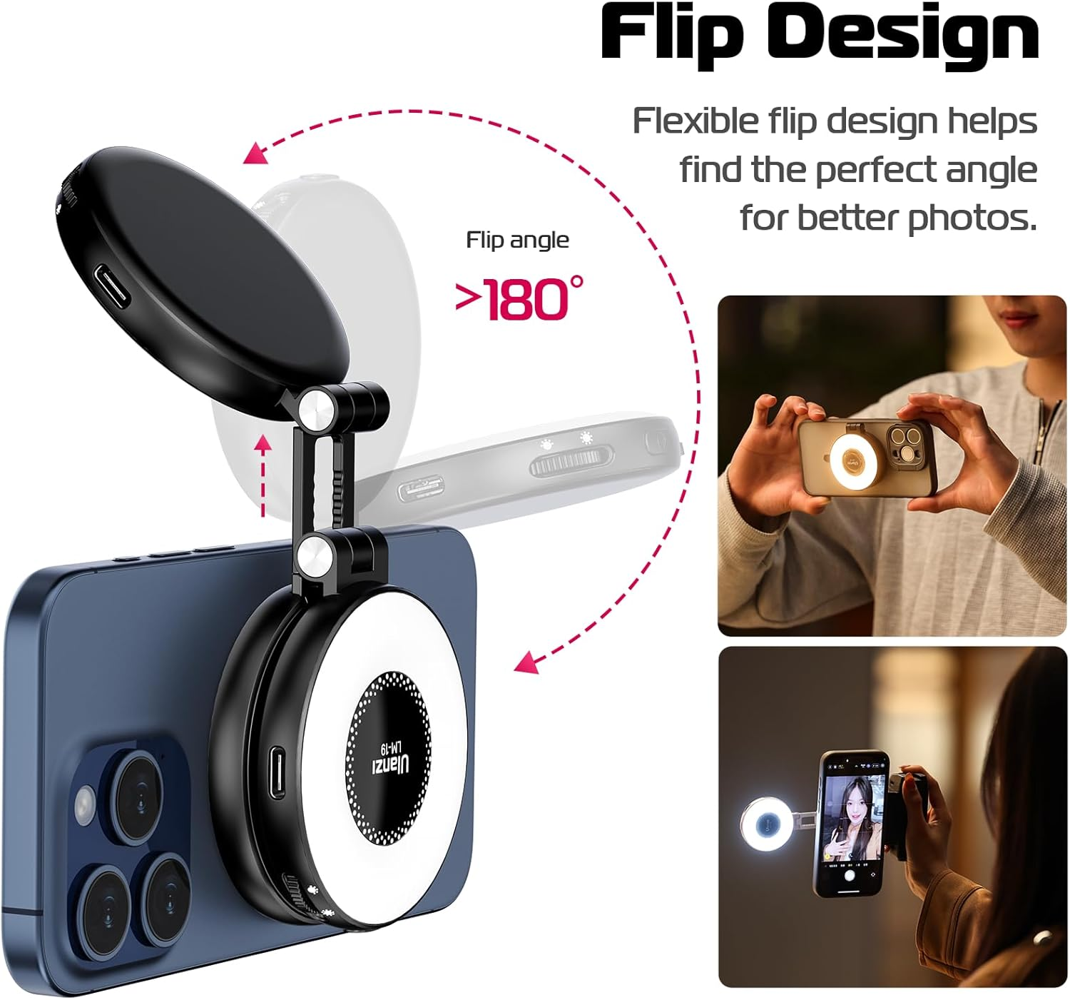 ULANZI LM19 Magnetic Selfie Light, LED Fill Light Compatible with Magsafe, LED Selfie Ring Light Included Sticky Ring for Phones, for Selfies/Photography/Tiktok/Zoom Calls/Video Conference Color Black image number 1