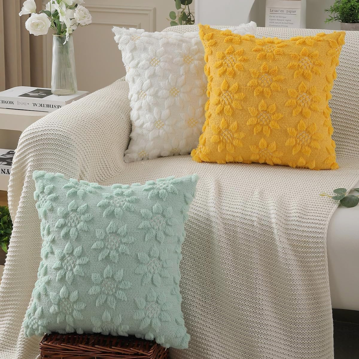 CJWLKJ 2Pcs Soft Faux Fur Throw Pillow Covers 18X18 Inch, Farmhouse Decor Yellow Color Flower Heart Sunflower Soft Plush Jacquard Pillow Cases for Sofa Holiday Home Decor image number 2