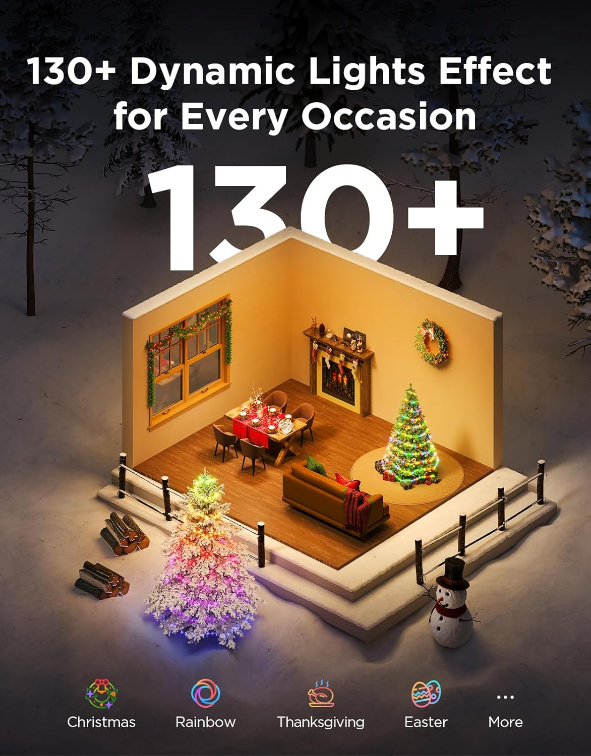 Govee Smart Christmas String Lights 20M, 200 RGBWIC Leds Holiday Fairy Lights for Indoor & Outdoor, Shape Mapping, AIGC, App Control with 130+ Dynamic Scene Modes, Compatible with Matter, Green Cable image number 4