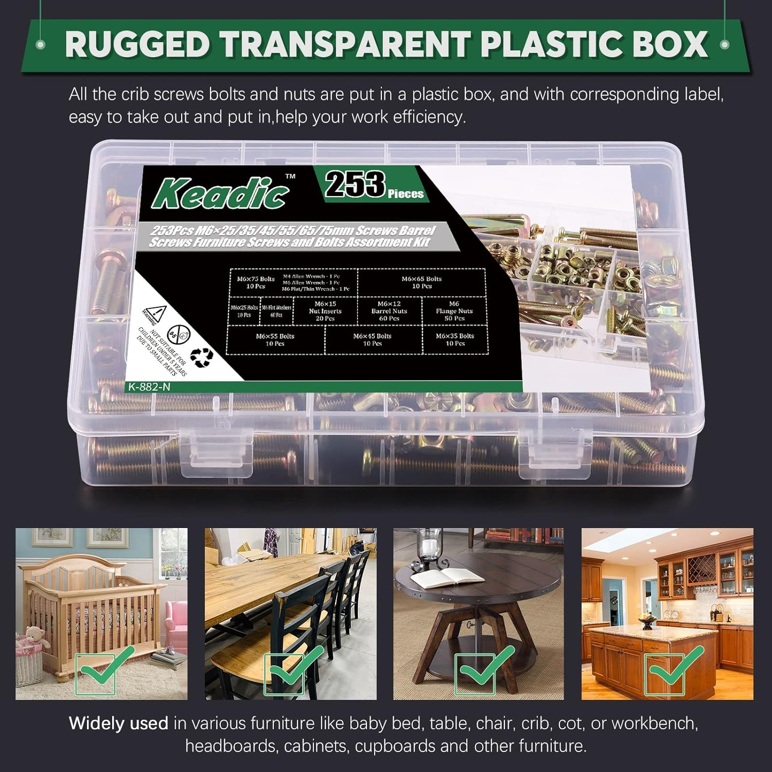 Keadic 253 Pcs M6 X25/35/45/55/65/75Mm Zinc Plated Hex Socket Head Cap Bolts Barrel Nuts Flat Washers with Tools, M6 Crib Hardware Screws Assortment Kit for Chairs Bed Cot Furniture (25-75Mm) image number 6