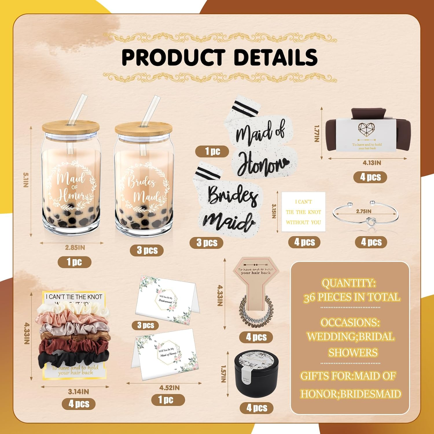 Mhoel 40Pcs Bridesmaid Proposal Box Gifts Set of 4 Will You Be My Maid of Honor Proposal Gifts Set Rectangular Hair Clips Soft Socks Scented Candle Bridesmaid Scrunchies Spiral Hair Ties Bridal Shower image number 5