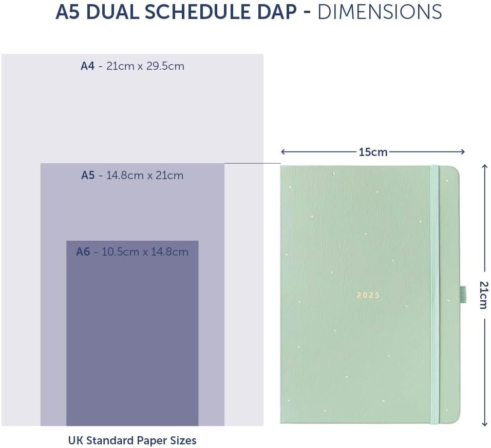 Busy B 2025 Dual Schedule Diary - A5 Sage Green Daily Planner with Two Schedules, Faux Leather Cover & Gold Foil - Work-Life Balance Organiser for Busy Professionals - Jan to Dec 2025 Diary image number 1