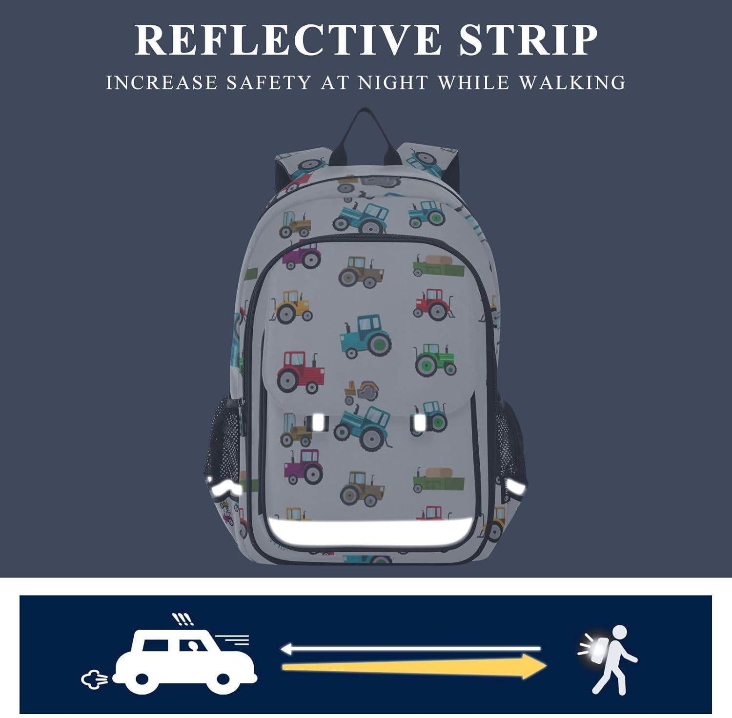 RPLIFE Colorful Tractors Gray Kid Bookbag 17 Inch Backpack for Elementary School, Colorful Tractors Gray, One Size, Traditional Backpacks image number 6