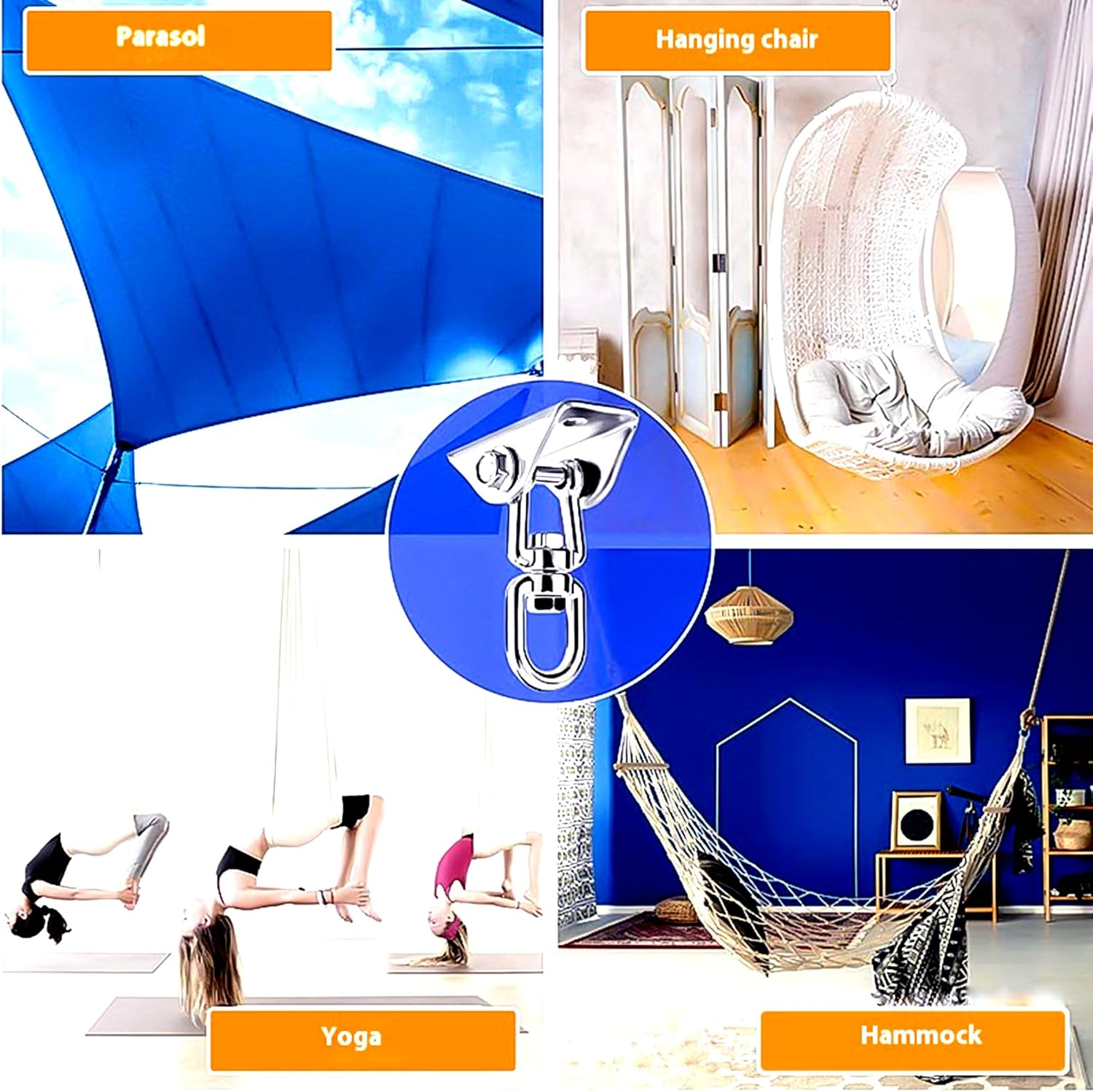Heavy Duty Swing Hanger Hook, 360&deg; Swivel Swing Hook with 4 Screws for Porch Yoga Seat Hammock Sandbag Indoor Outdoor Stainless Steel Swivel Hook Fixing Plate Boxing Sandbag Hanging Chair Fixing image number 5