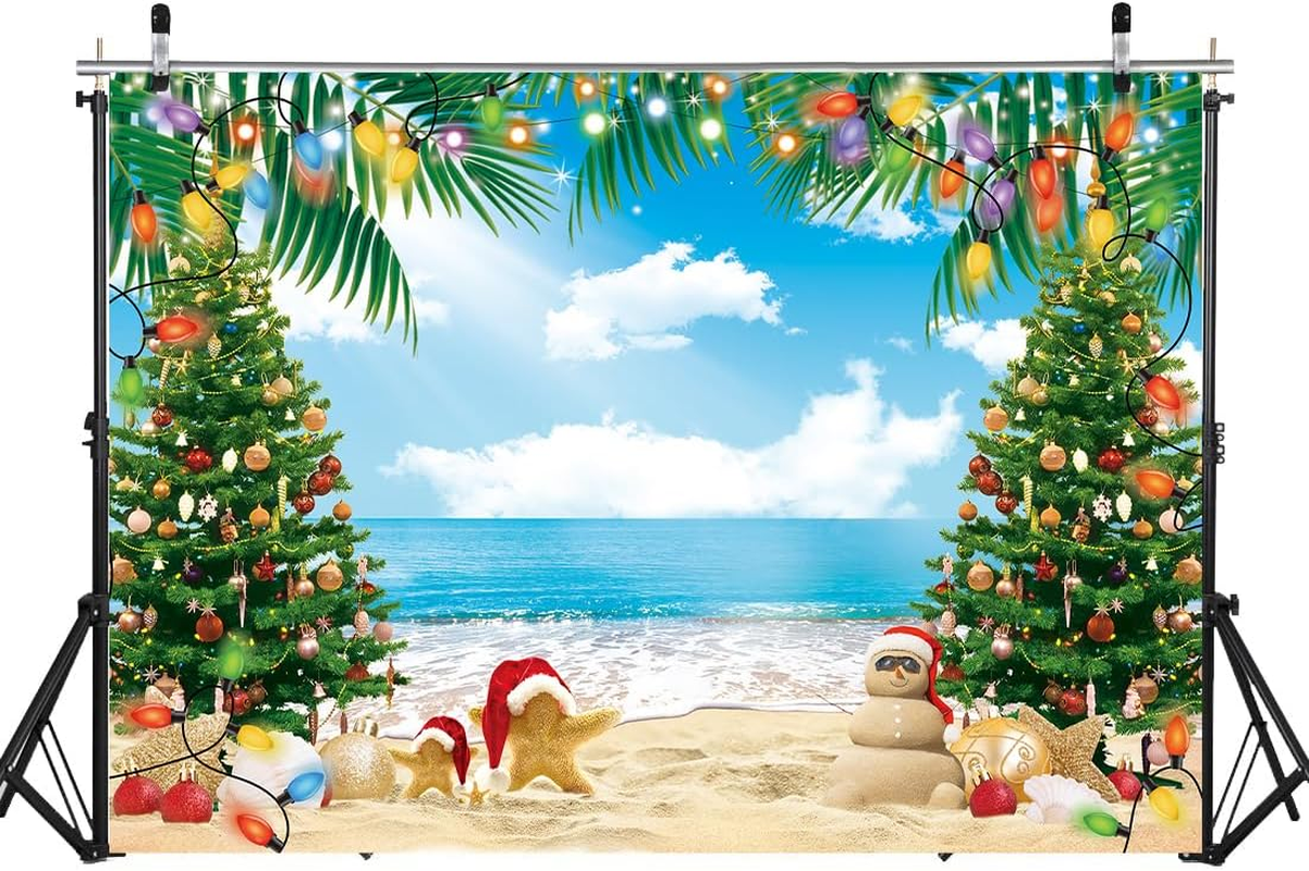 July Christmas Backdrop 7X5Ft Summer Beach Christmas Tree Decoration Photography Background Tropical Hawaiian Party Supplies Photo Props image number 6