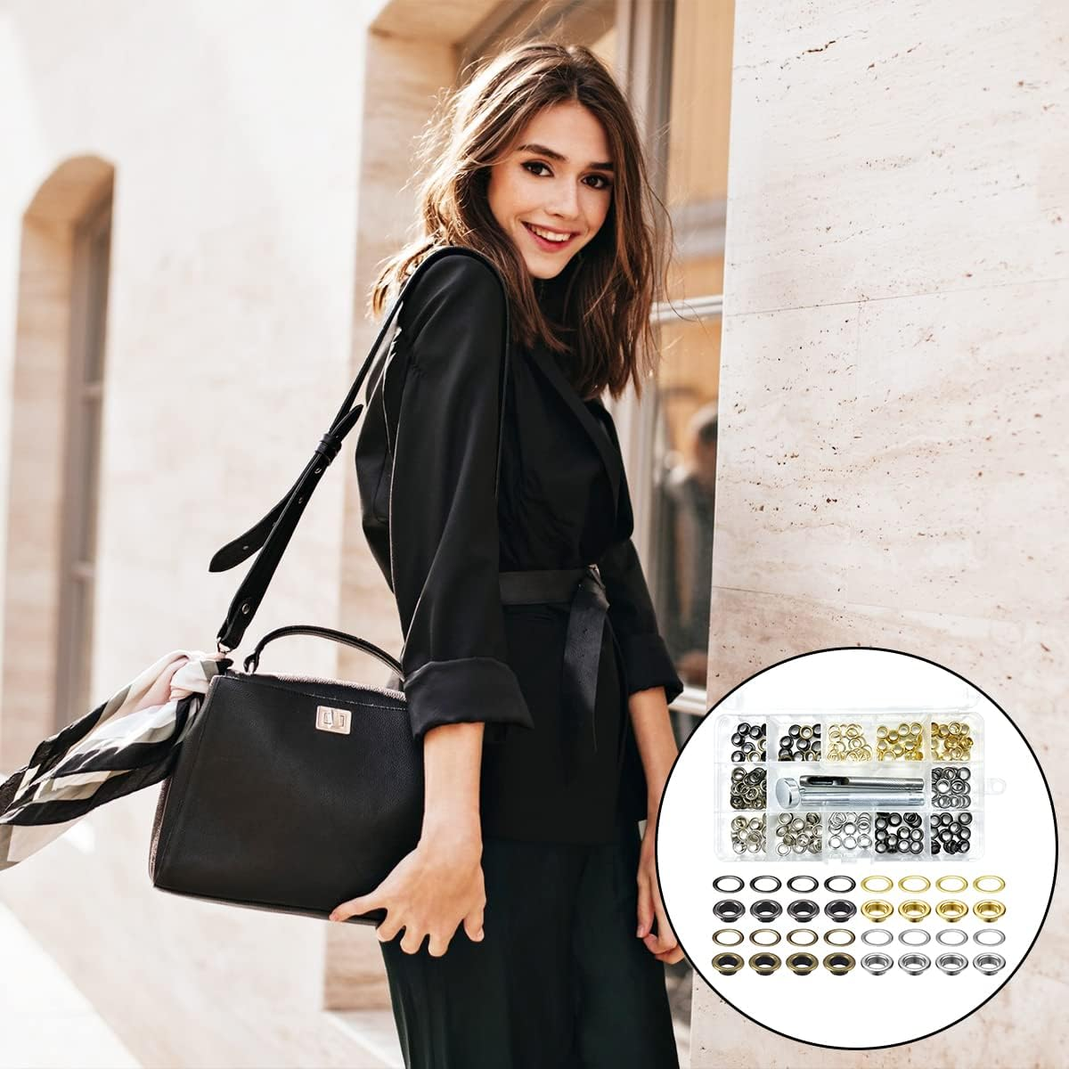 BEZANU Grommet Tool Kit, 100Set Metal Grommet Eyelets with 3Pcs Install Tool for Shoes, Fabric, Canvas, Clothing, Leather (4 Color, 1/4Inch) image number 5