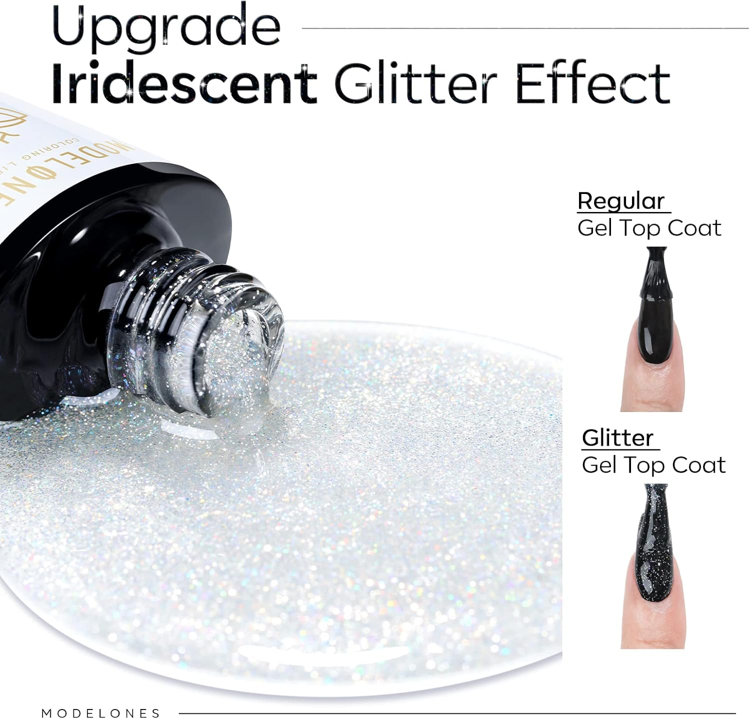 Modelones Glitter Gel Top Coat, Iridescent Silver Mix Glitter Gel Polish No Wipe Top Coat Glossy Sparkly Finish Long Lasting Soak off Rainbow Shimmer Glitter Gel Nail Polish Nail Art Manicure, 10Ml image number 5