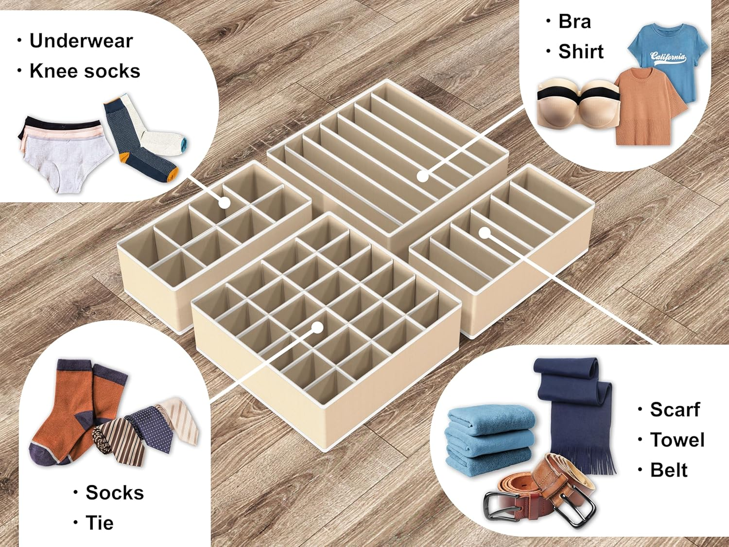 Simplehouseware Closet Underwear Organiser Drawer Divider 4 Set, Beige - Black image number 3