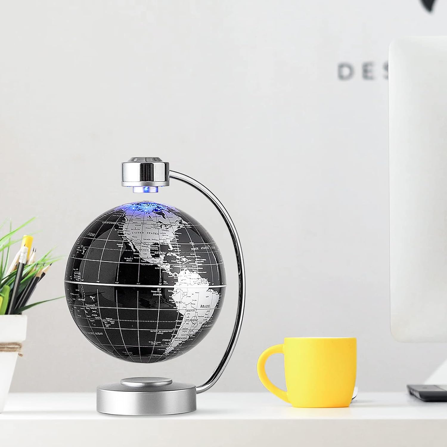 NHSUNRAY Magnetic Levitating Globe, Large 8Inch Floating Globe with LED Lights, Magnetic Globe Display, Indoor Accents, Study Room Decor, Modern Decorative Ornament (Black)