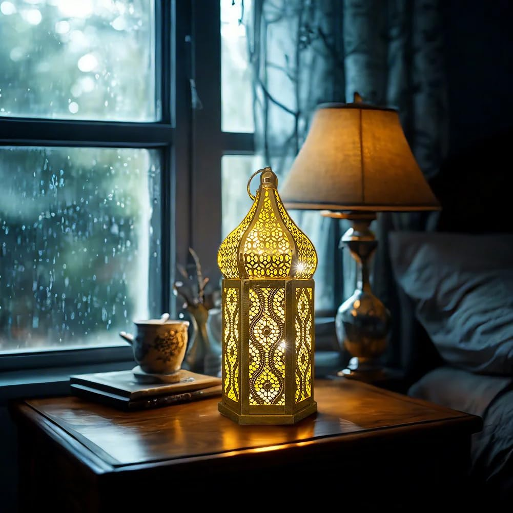 Surakey Moroccan Lantern Decorative Indoor, Decorative Lanterns for Home Decor, Gold Moroccan Lantern Decor, Hollow LED Lights Lanterns for Centerpiece Table Decorations,Large Gold image number 2