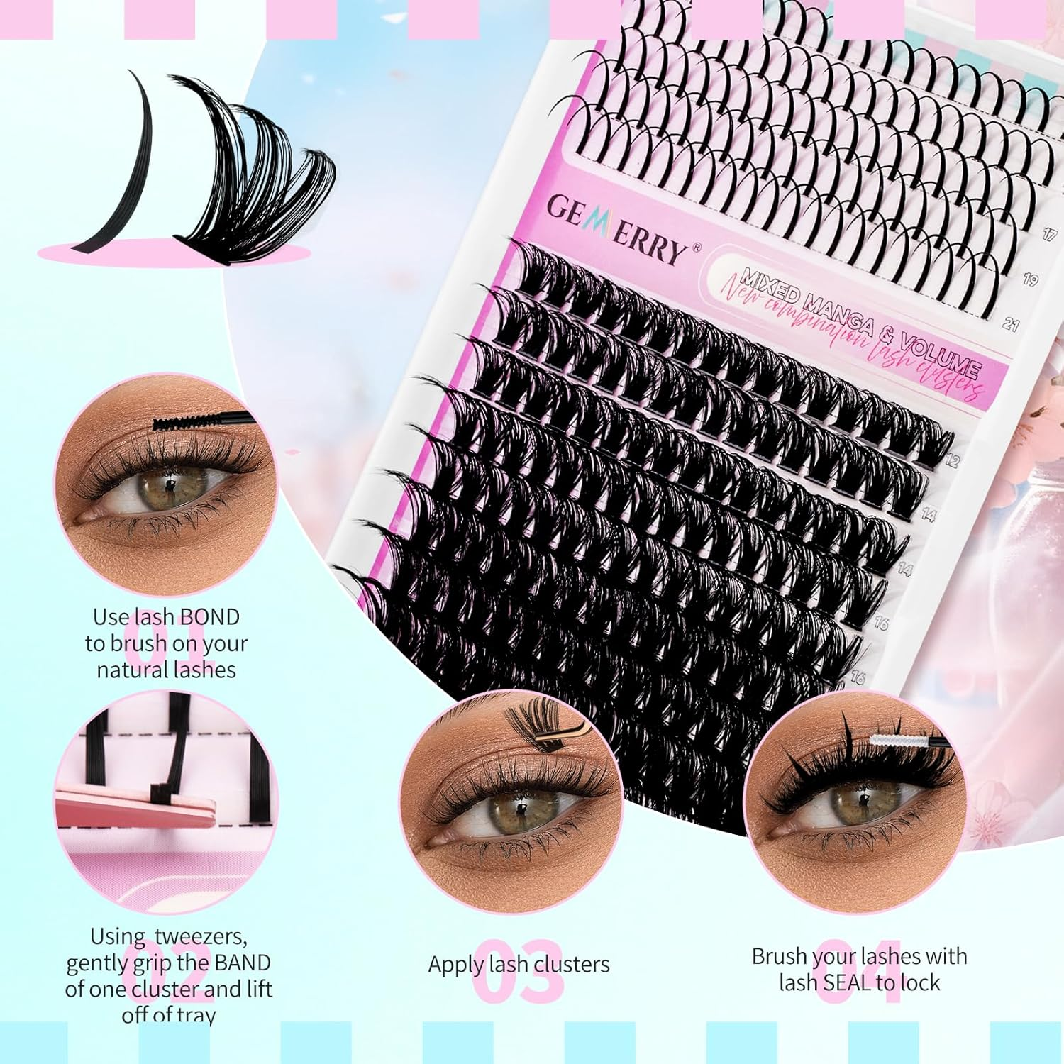 GEMERRY Lash Clusters with Spikes 80D Long 12-21Mm Cluster Eyelash Extensions DIY Wispy Natural Lashes Spiky Individual Mink Eyelashes(80D) image number 5