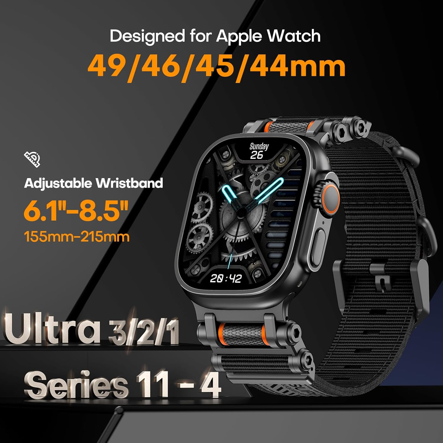 TAURI Band with Stainless Steel Metal Connector Designed for Apple Watch Ultra 3/2/1 49Mm, Iwatch Series 11/10/9/8/7/6/SE/5/4 46Mm/45Mm/44Mm, Innovative Roller Adjustable Nylon Strap