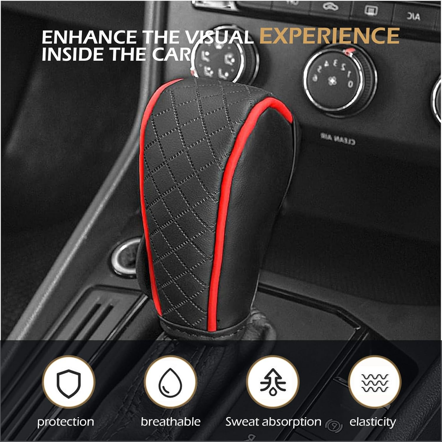 Car Gear Shift Cover, Leather Shifter Cover, Gear Shift Knob Cover for Shift Lever Protection, Universal Car Gear Shift Cover, Car Decoration Accessories (Black-Red) - Red image number 5