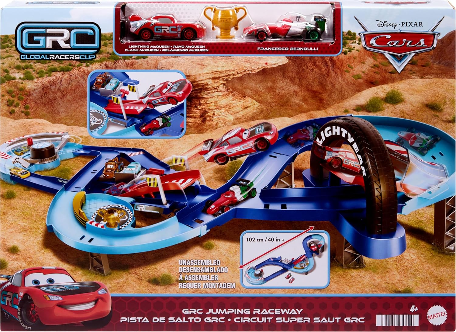 Mattel Disney and Pixar Cars Playset with 2 Toy Cars, Lightning Mcqueen & Francesco Bernoulli, GRC Jumping Raceway Track Set with Kid-Powered Booster image number 1