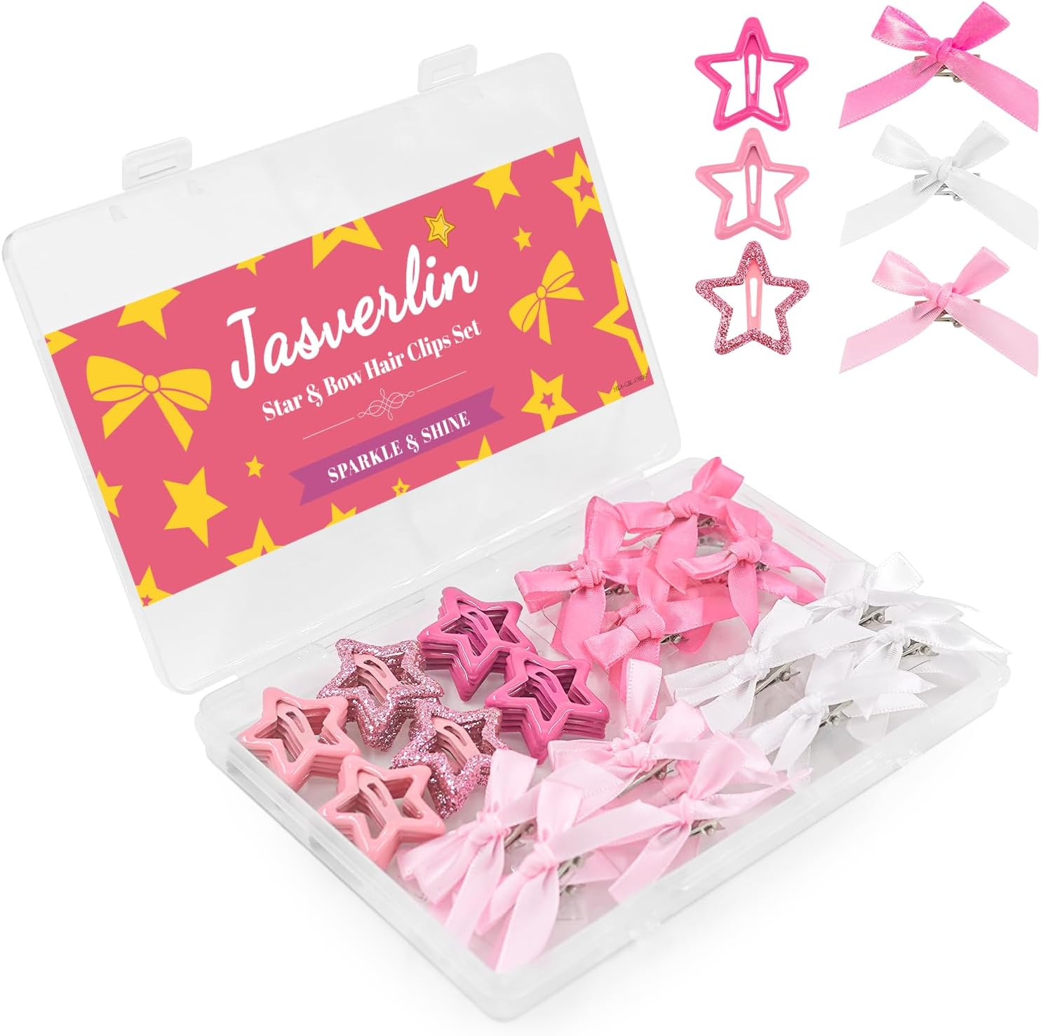 JASVERLIN 60Pcs Star Hair Clips & Mini Bows Y2K Accessories Set, Cute Bowknot Goth Snap Clip Hair Barrettes, 2000S Small Satin Bows for Women Girls (Pink Mixed Color) image number 2