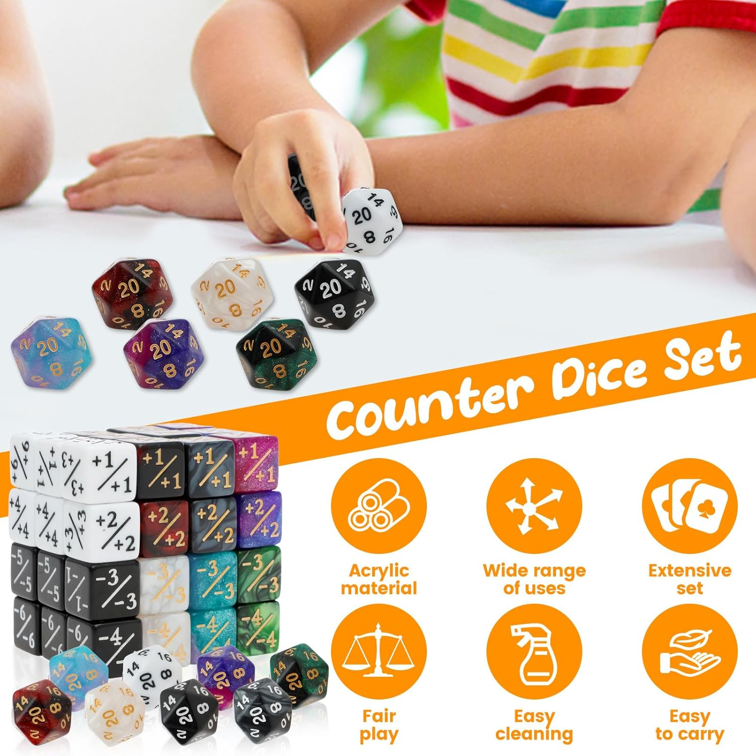 UKQRRTC 56 Pcs Counter Dice Set, Acrylic Magic the Gathering Dice Set, Portable MTG Counter for Home Outdoor Party image number 4