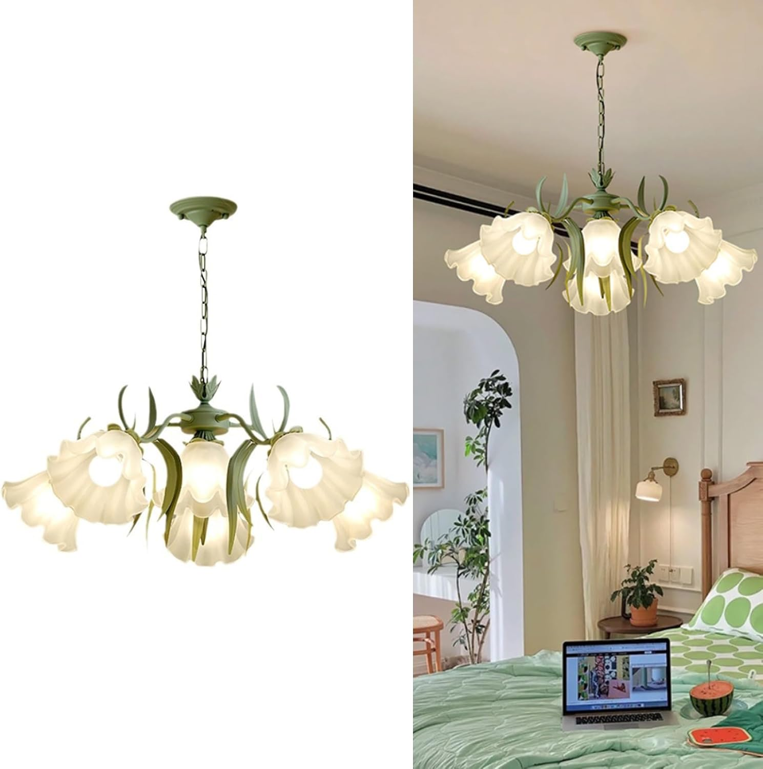 French Country Ceiling Light, Vintage Flower Chandelier with Acrylic Shade, Black and Gold Pendant Lights for Living Room, Bedroom, Kitchen, Hallway (Green,6Heads) image number 6