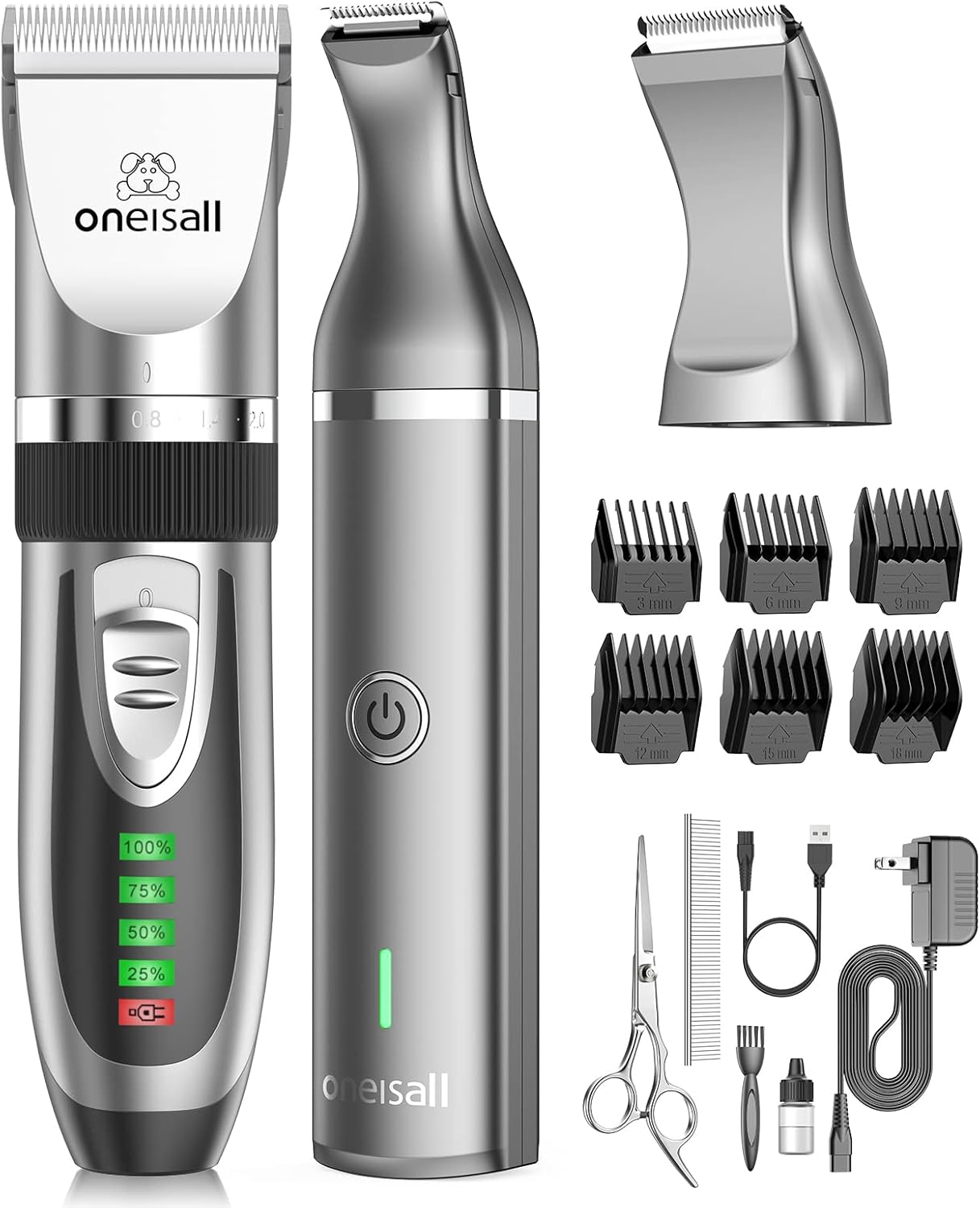 Oneisall Dog Clippers and Paw Trimmer Kit 2 in 1 Low Noise Cordless Dog Clippers for Grooming Pet Hair Trimmers for Small and Large Dogs Cats Animals
