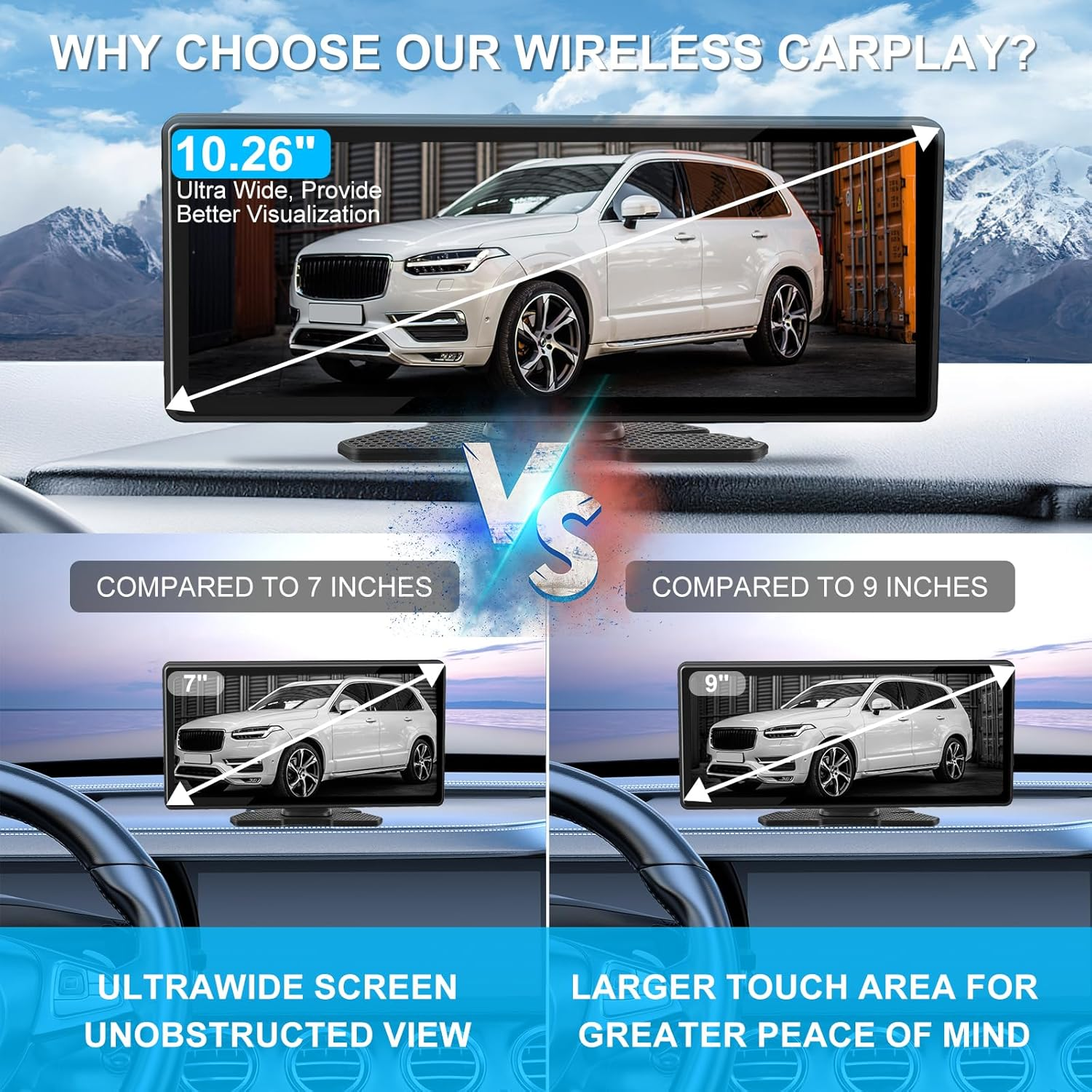 TMA Carplay Screen, 10.26 Inch Wireless Apple Carplay & Android Auto, Portable Car Stereo Touch Screen with 1080P Backup Camera, Mirror Link/Gps Navigation/Bluetooth Audio/Suitable for All Car Models