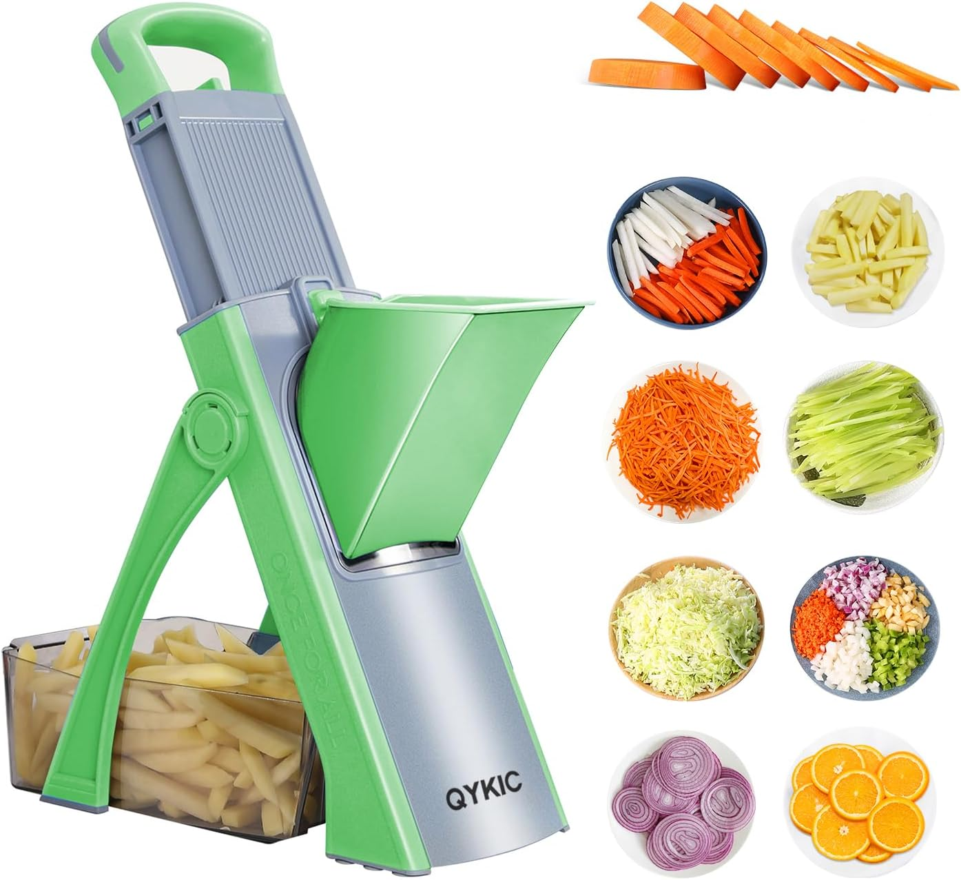 QYKIC Upgrade Safe Mandoline Slicer for Kitchen, Chopper Vegetable Cutter, Potato Slicer Thickness Adjuster, French Fry Cutter, Veggie Dicer Faster Kitchen Mandolin for Meal Prep Green