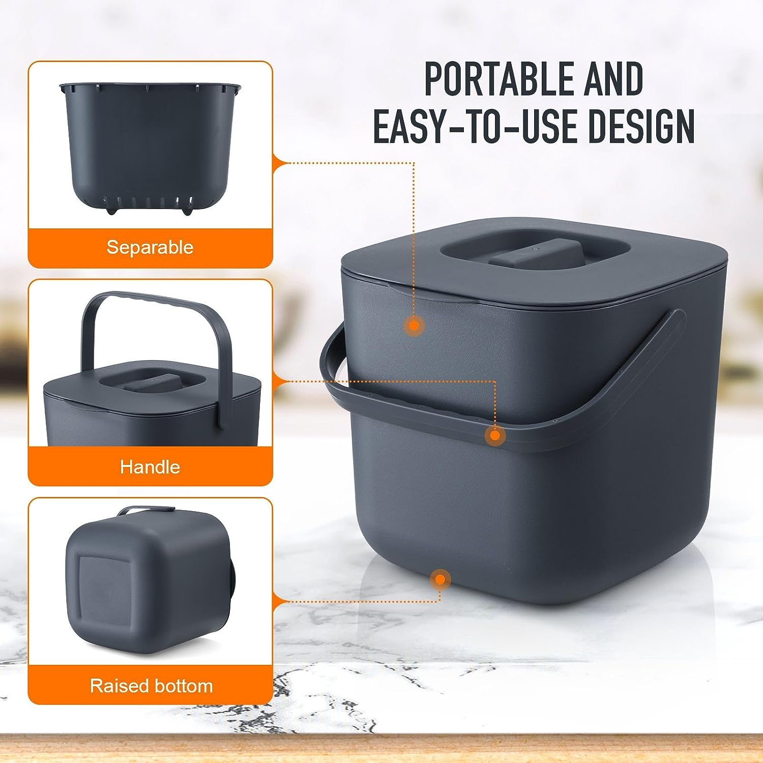 7L Kitchen Compost Bin Plastic Rubbish Waste Bin Countertop Dustbin Trash Can with Detachable Inner Bucket Dark Grey image number 5