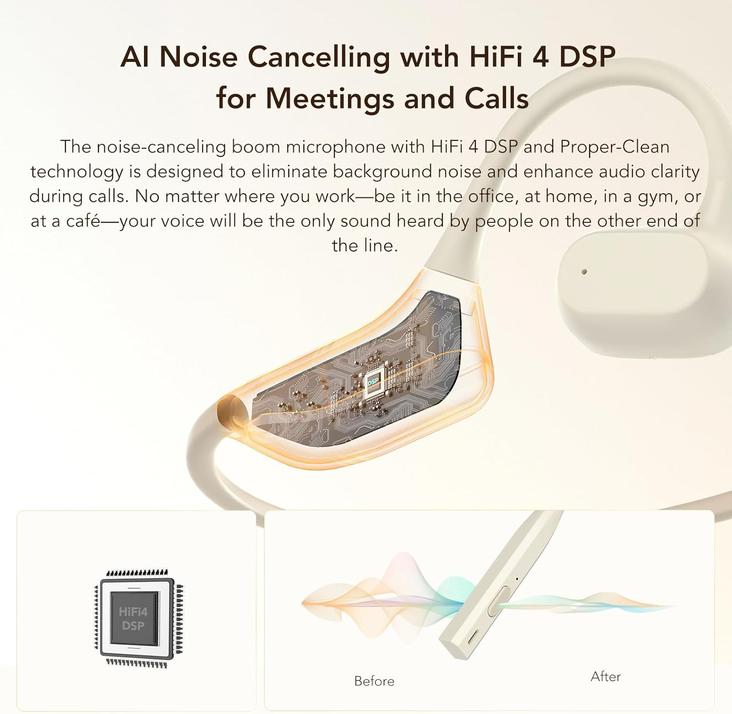 Nuroum OW20B Open Ear Bluetooth Headphones with Noise-Cancelling Microphone, Mute Switch, Bluetooth 5.3 Dual Connection, 15H Runtime, Wireless Headphones for Home Office/Office/Travel, Beige image number 6