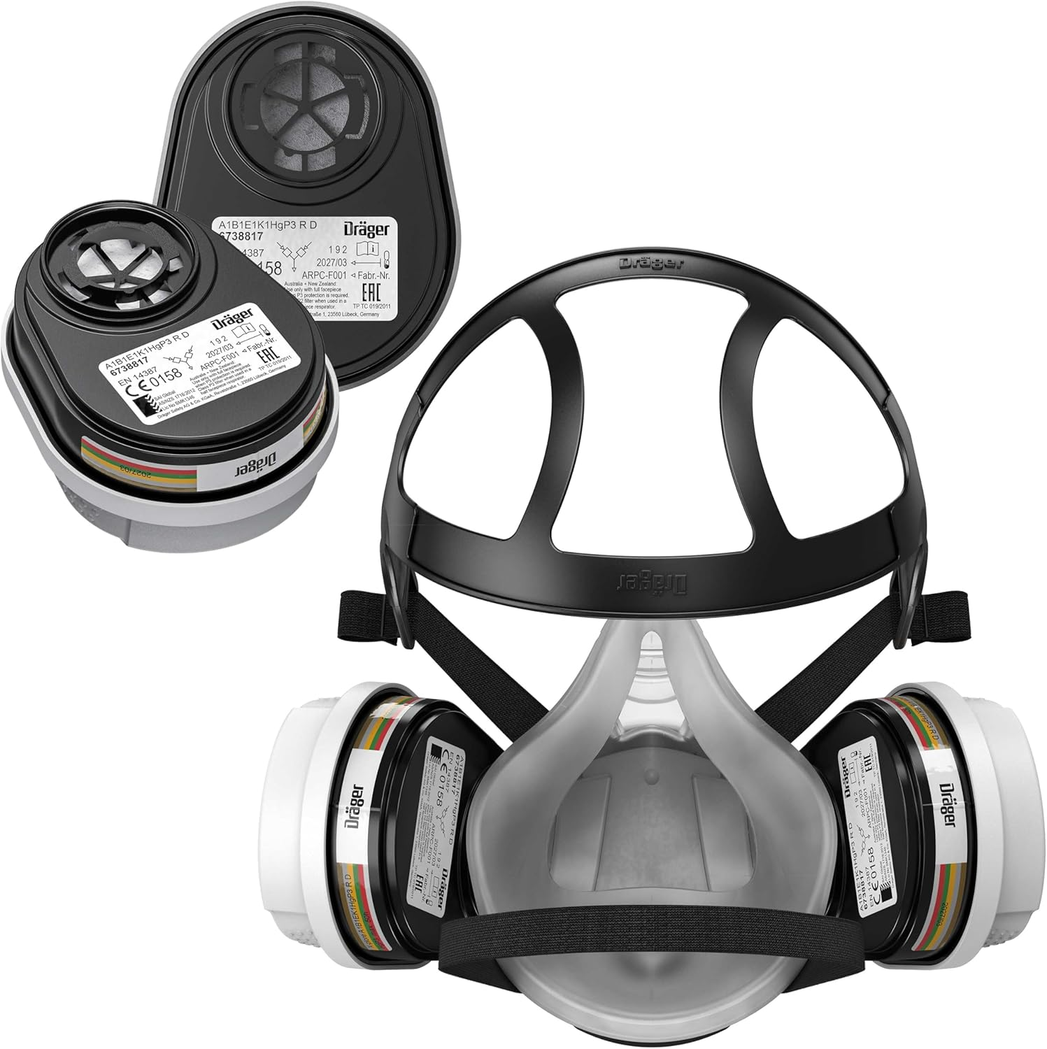 Dr&auml;ger X-Plore 3300 Chemical Half Mask Respirator Set with 2X ABEK1 Hg P3 RD Filters for Chemical Work, Toxic Gas & Organic Vapours | Size L image number 2