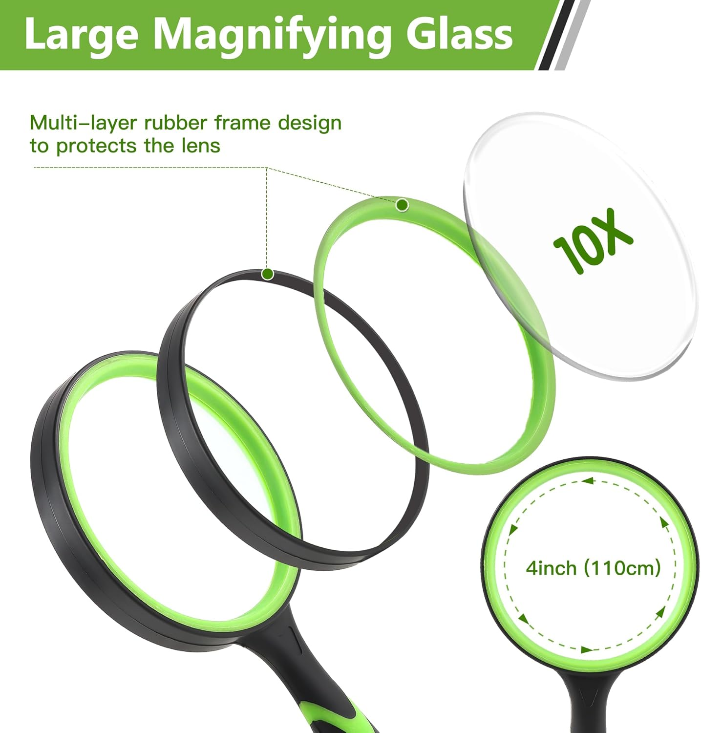 H HOKIZU 110Mm(4.4In) 10X Handheld Magnifying Glass, Shatterproof Magnifier for Kids Seniors,Real Glass Magnifying Lens for Book Newspaper Reading (Green) image number 4