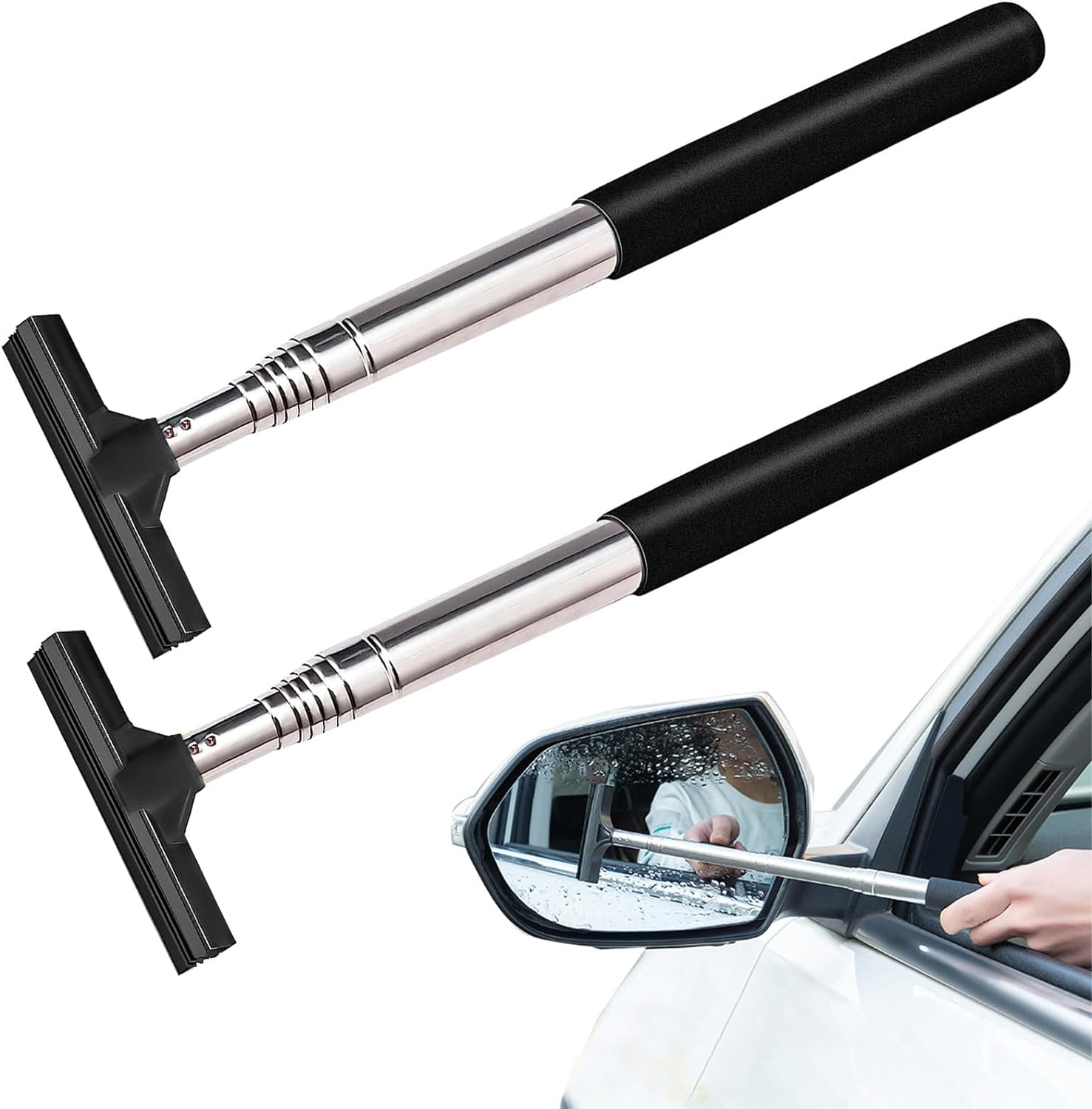 2 Pcs Car Mirror Wiper, 38.6In Handle Car Side Mirror Squeegee, Retractable Car Mirror Squeegee, Side Mirror Squeegee, Mini Squeegee for Rainy Foggy Weather image number 3