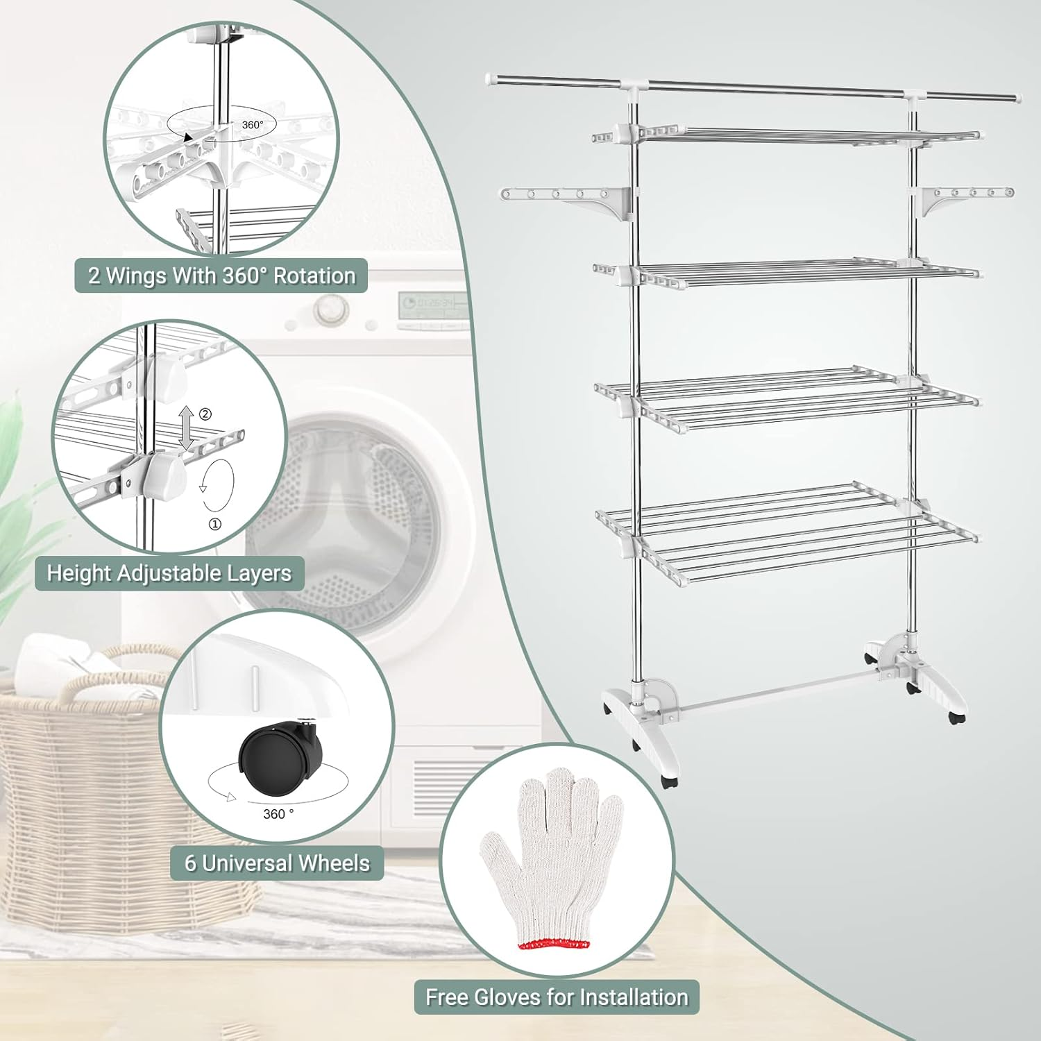 Todeco Clothes Drying Rack,4 Tier Foldable Laundry Drying Rack with Extended Top Bar,High Load Capacity Stainless Steel Space-Saving Clothes Airer with 2 Extra Adjustable Dry Rail Hanger,W/6 Casters image number 2