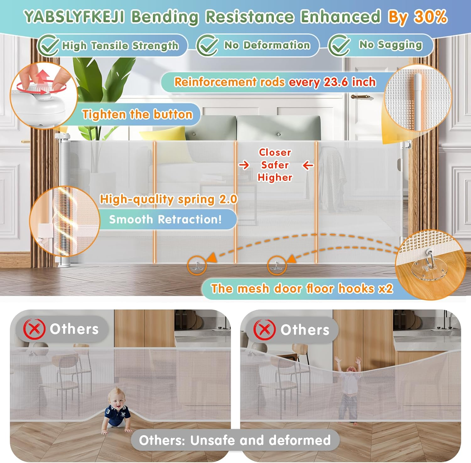 180Cm/70 Wide Retractable Baby Gate Pet Gate with Upgrade Reinforcement Rods,105 Cm/42" Extra Tall Baby Gate Safety Gate, One Handed Operation Retractable Dog Gate for Stairs Indoor image number 2