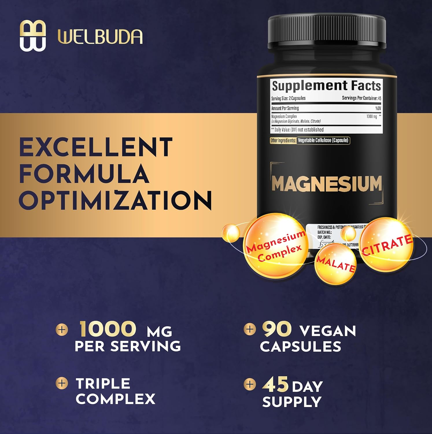 1000Mg Premium Magnesium Complex as Magnesium Glycinate, Malate, & Citrate - Restful Mood & Immune System - Wellness Supplement Contains 90 Capsules image number 5