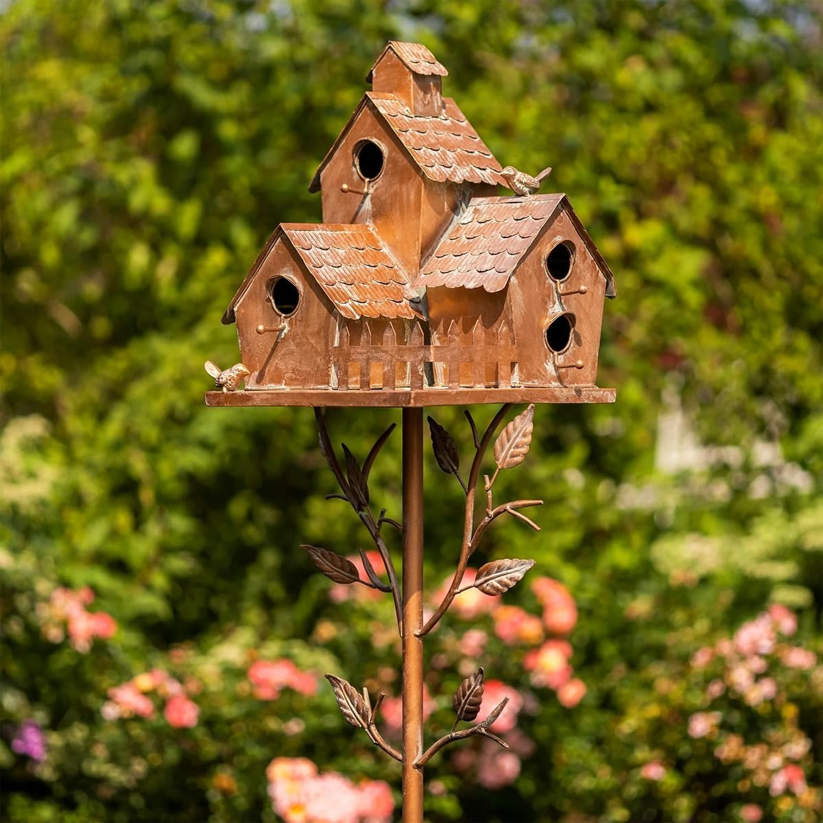 AIMALL Outdoor Iron Birdhouse Garden Stakes | Weather-Resistant Metal Bird House Decorations | Rustic Plug-In Garden Ornaments | Set of 5 Unique Designs image number 5