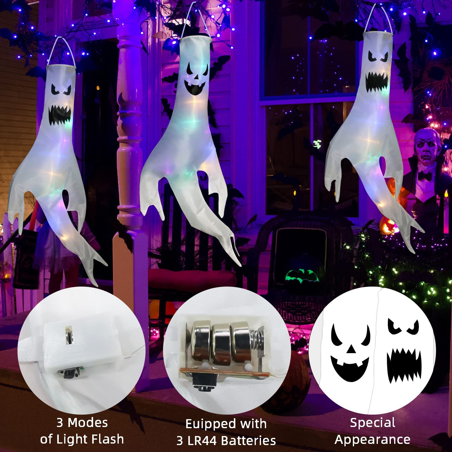 Halloween Decorations,2 Pack 57''Halloween Inflatables Glowing Hanging Flags Decor,Halloween Outdoor Decorations Ghost Windsocks with LED Light,Halloween Yard Decorations for Party Indoor Outdoor image number 3