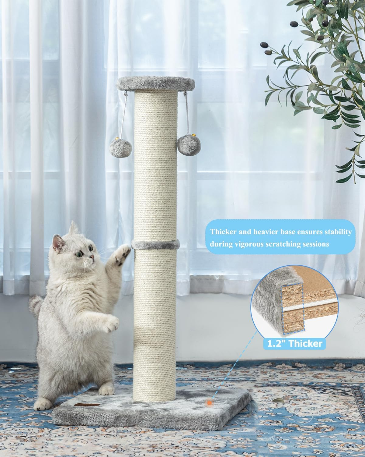 Kilodor 34Inch Tall Cat Scratching Post,4.3Inch Diameter Large Sisal Cat Scratch Post with Ball, Sturdy and Durable Cat Scratcher for Indoor Cats Adults Grey - Black image number 4
