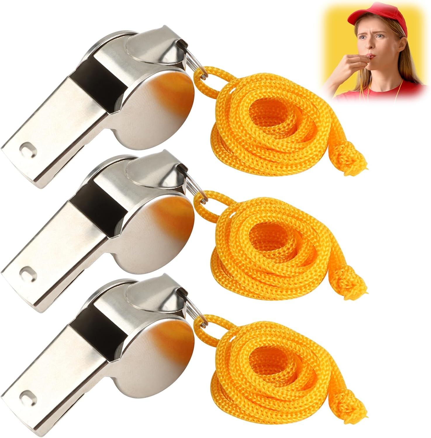 3Pcs Stainless Steel Referee Whistle with Durable Lanyard Producing Loud Crisp Sound for Sports Training Coaching Outdoor Games Fitness Hiking Camping Survival Emergency Durable Metal Whistles image number 3