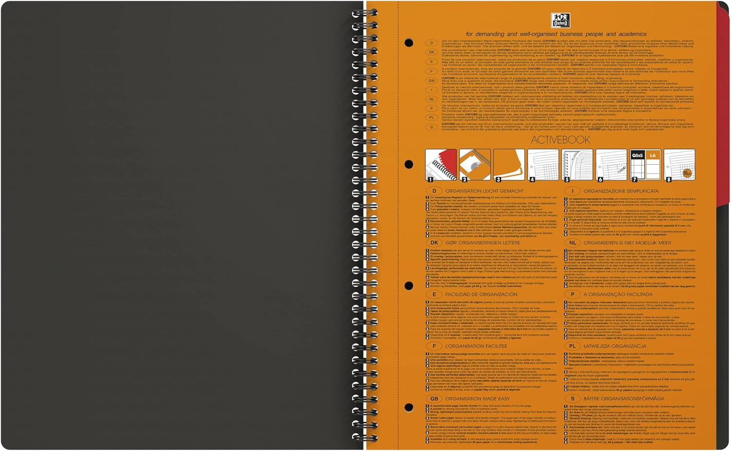 OXFORD 100104329 Activebook International A4 + Checkered with Indexable Index and Document Pocket Gray Spiral Notebook Block - a Smart Organization for Managers and Executives image number 1