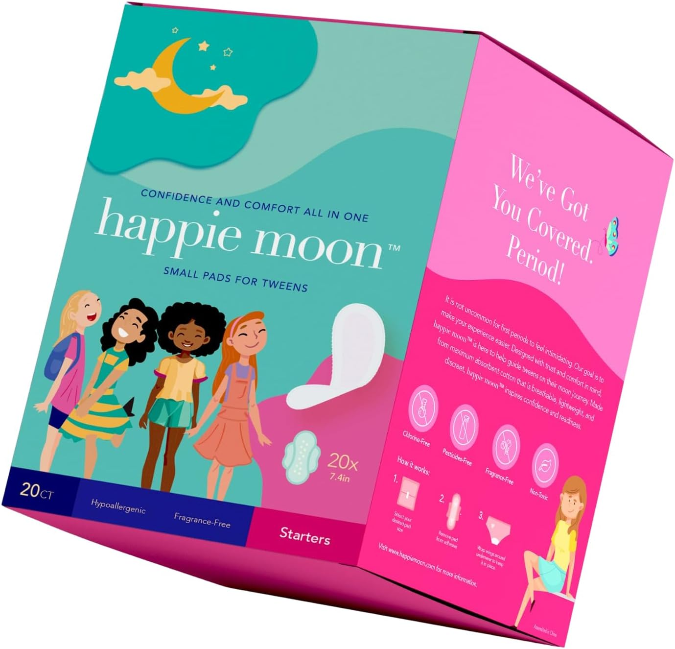 Happie Moon Tween Pads | Small 100% Cotton First Period Pads for Tweens and Teens | Ultra Thin Pads with Wings | Zero Chlorine, Bleach, Dyes and Fragrance | Teen Pads, 20 Count image number 6
