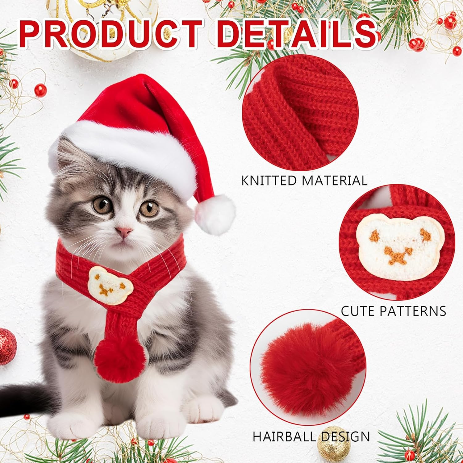3 Piece Christmas Pet Dog Cat Outfit with Knitted Scarf, Santa Hat and Bow Tie, Festive Season, Red, Suitable for Small and Medium Pets image number 2