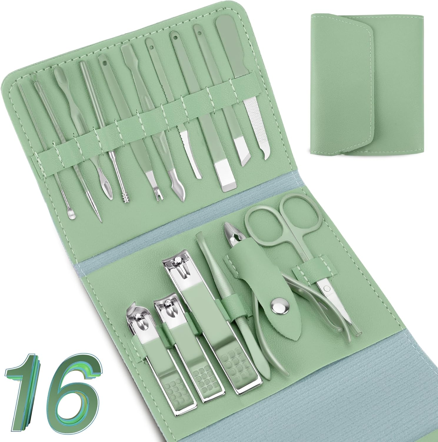 NINEMAX Manicure Set Nail Cutter Nail Clipper Kit 16Pcs Stainless Steel Rust Nail Manicure Set Manicure Kit, Travel Leather Case Sizes Nail Kit Pedicure Kit for Women Men Travel Home Gift Giving Green Visit the NINEMAX Store (Pink)