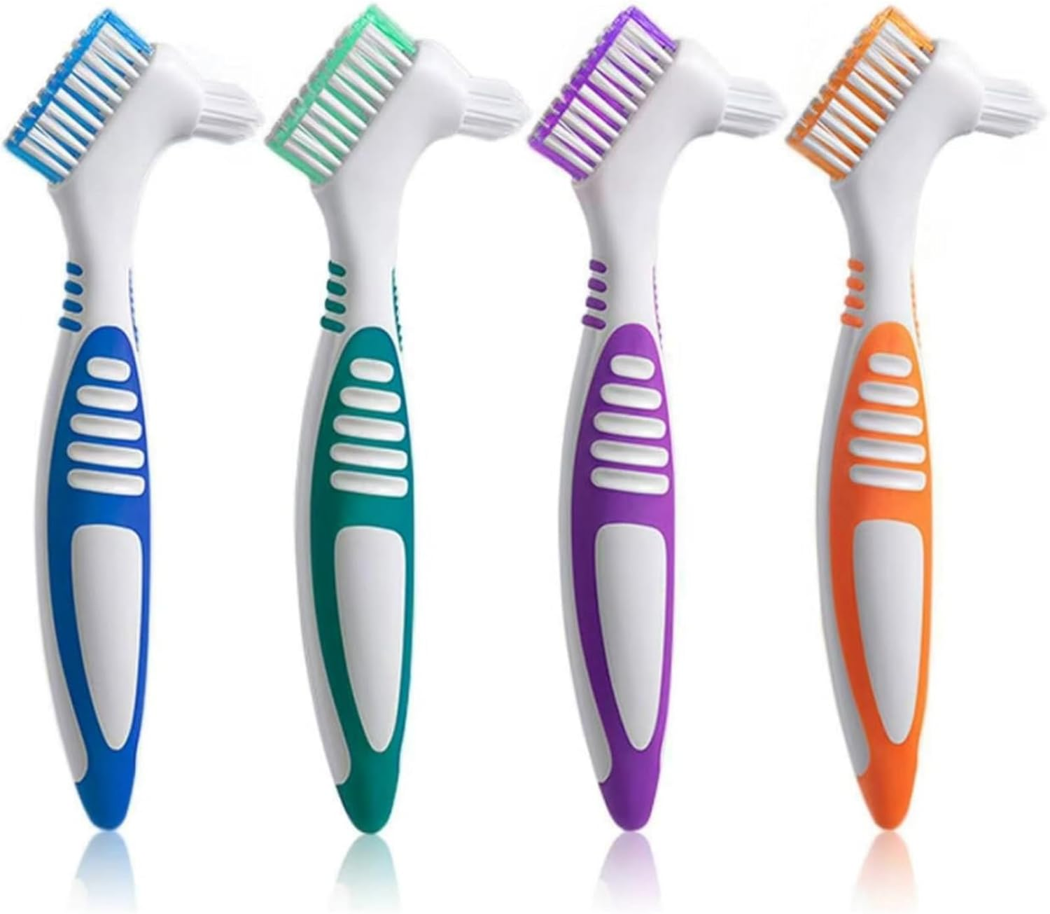 4-Pack Denture Cleaning Brush Set - Premium Durable Denture Cleaner for Denture Care, Multi-Layered Bristles & Ergonomic Handle (Blue, Green, Purple, Orange) - Sturdy Denture Brush