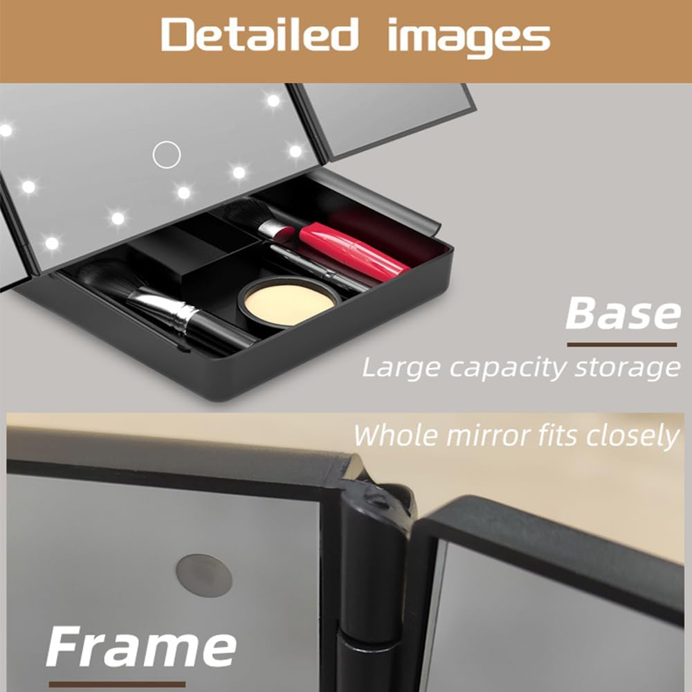 Makeup Mirror with Lights and Storage 1X/2X/3X Magnification, Tri-Fold Cosmetic Vanity Mirror with 22 Led and Touch Screen Trifold Makeup Mirror Two Power Supply Modes Women Gift (White)