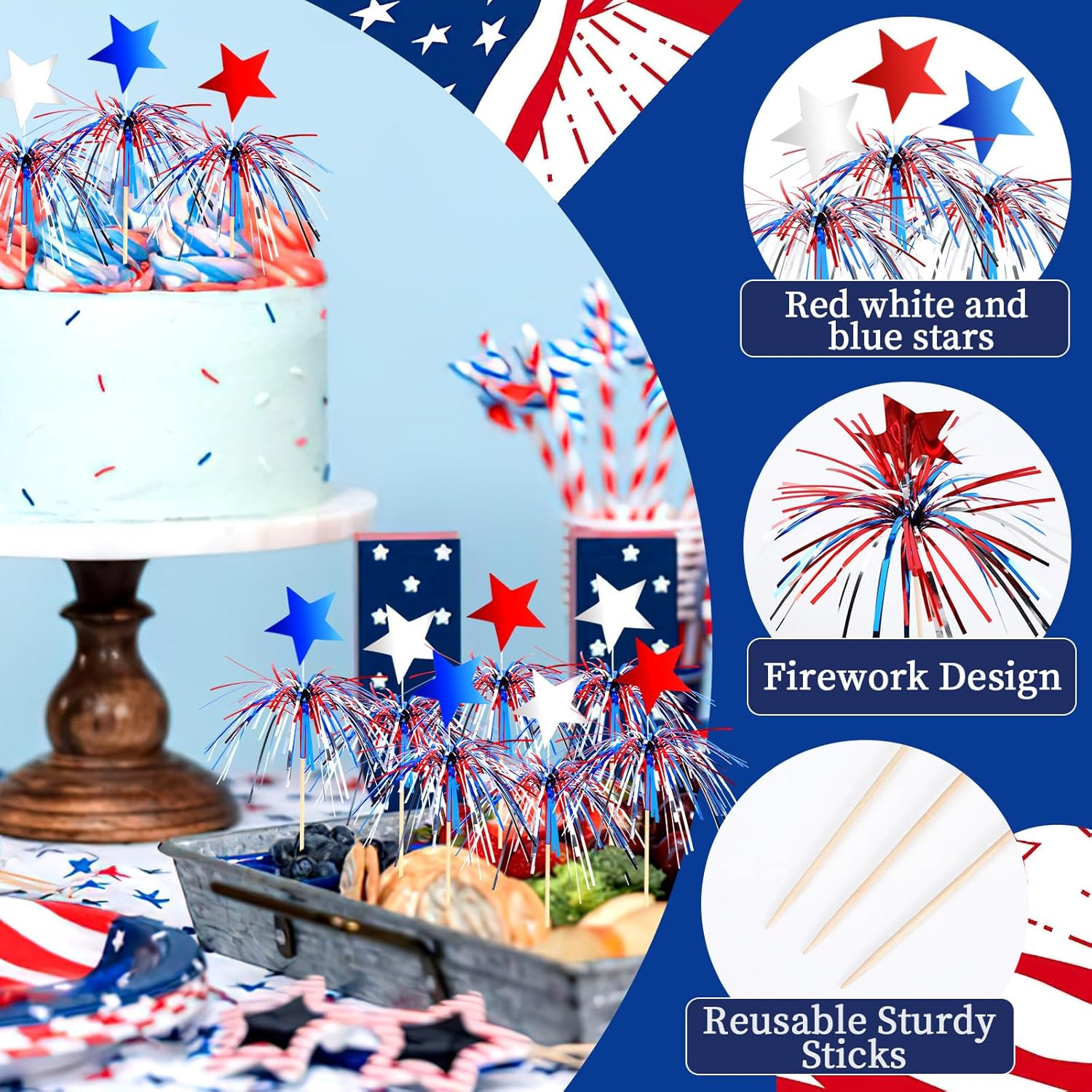 BOARDFEB 4Th of July Cocktail Picks 100Pcs, Patriotic Firework Picks with Red White Blue Stars Cocktail Sticks Cupcake Toppers Toothpicks for 4Th of July Party Food Drinks Appetizers Picks Decorations