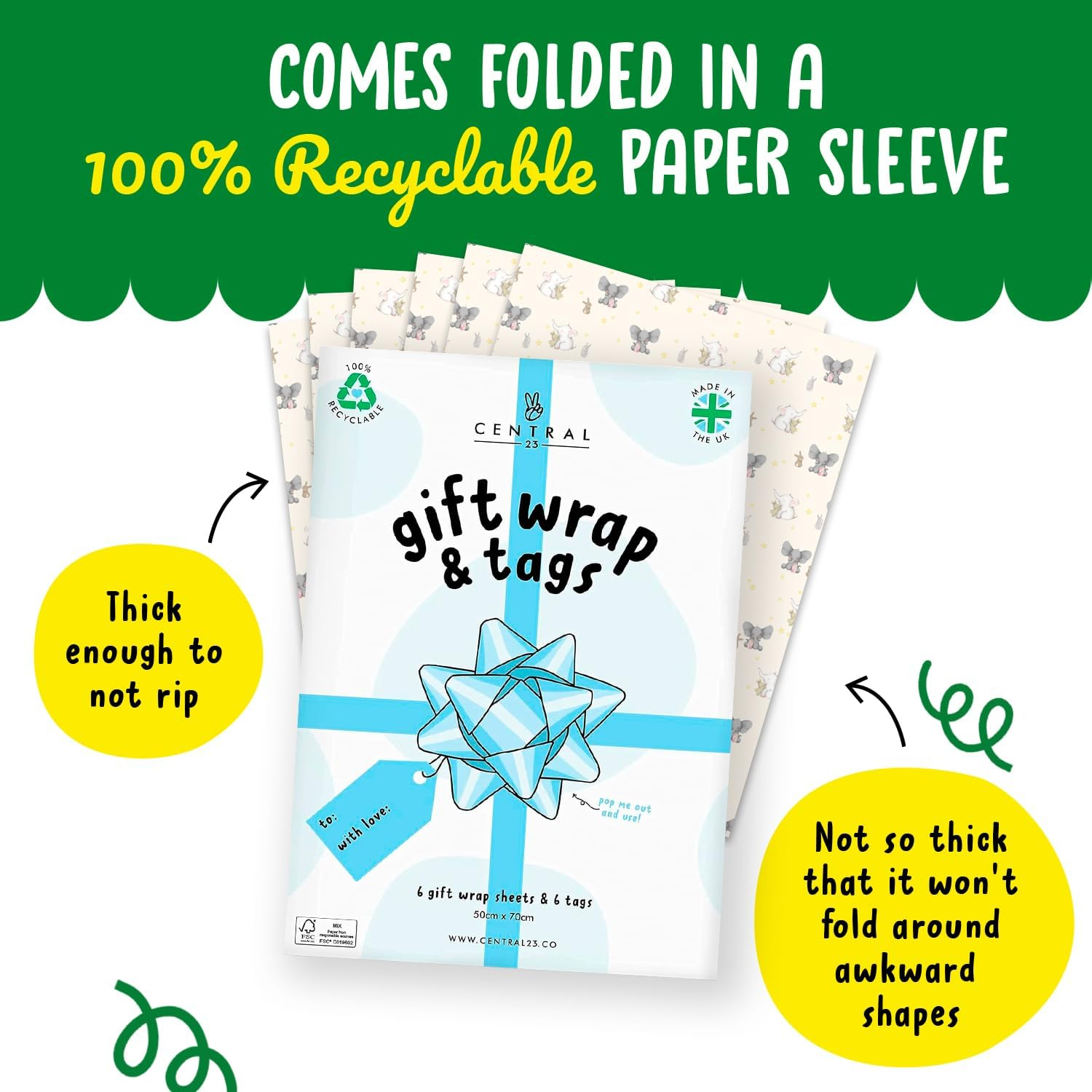 CENTRAL 23 - Elephants and Bunnies Wrapping Paper - 6 Sheet for Gift Wrap for Babies - Baby Shower - Christening - Baptism - Stars - Rabbit - Bunny - Made in the UK image number 5