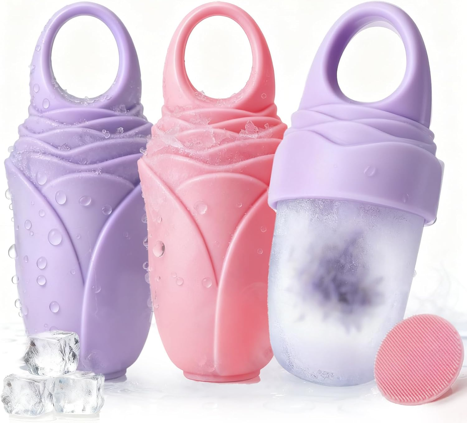 3 Pcs Facial Ice Roller Silicone Mold Reusable for Face Women and Eye Neck Cold Skin Care Tools Freezer De Puff Eye Bags Reduce Migraine Pain Pink 1 + Purple 2 image number 1