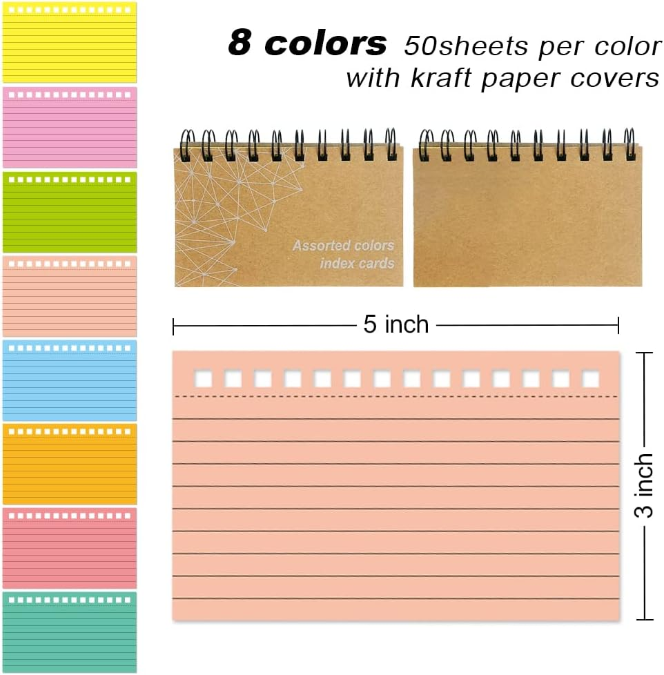Blank Index Cards, Assorted Colored Ruled Index Cards 3X5 Inches, Great Spiral Note Cards & Memo Cards for School, Office, Learning and Memory Cards (400 Count) image number 5