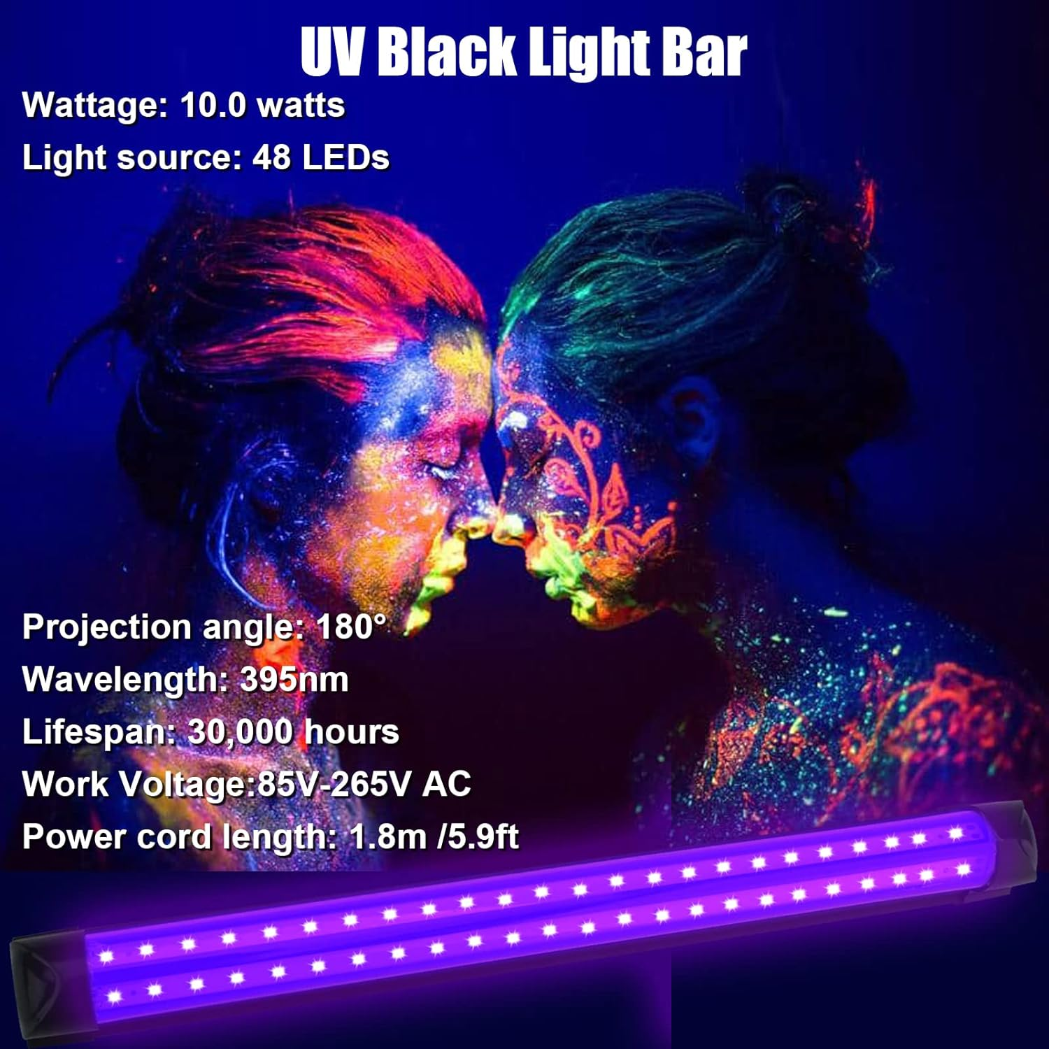2 Pack LED Black Light Bar, BOSITE 10W UV Black Light Tube with Switch and Plug 395Nm Blacklight Bar Glow in the Dark Party Supplies for Christmas Decorations Stage Lighting, Urine Detection, Poster image number 2