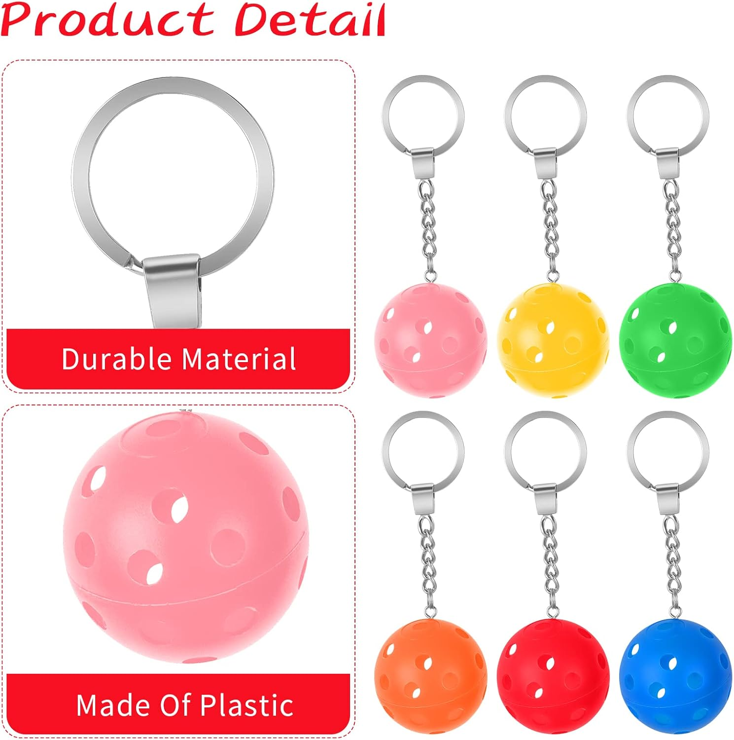 DLUGOPIS 6Pcs Gifts for Pickleball Lovers Pickleball Ornament Pickleball Keychain Pickleball Keychains Bulk Mini Pickleball Keychain for Keychains Luggage Tags Sports Bag, One Red, Yellow, Blue, Green Orange and Pink Each, 4.72 Inches image number 1