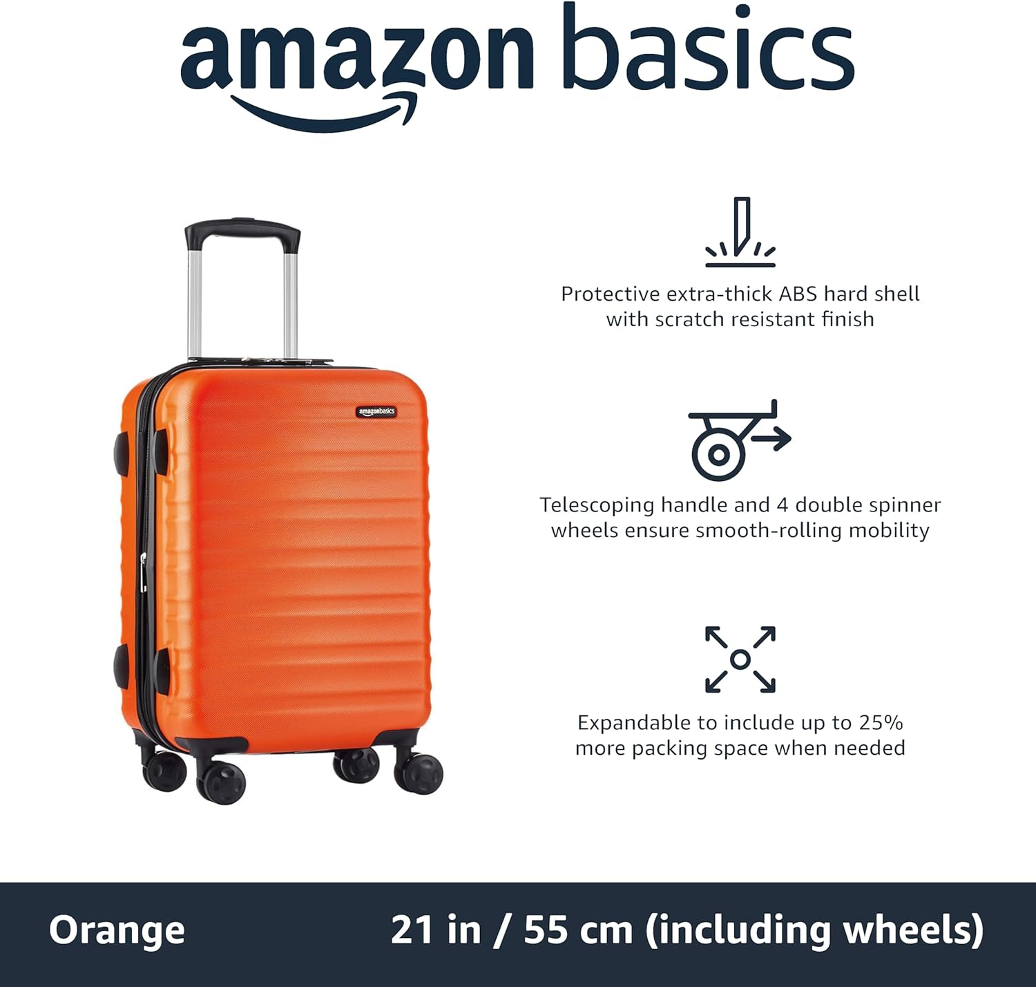 Amazon Basics Hardside Expandable Spinner Suitcase, Orange, 55Cm Carry-On image number 1