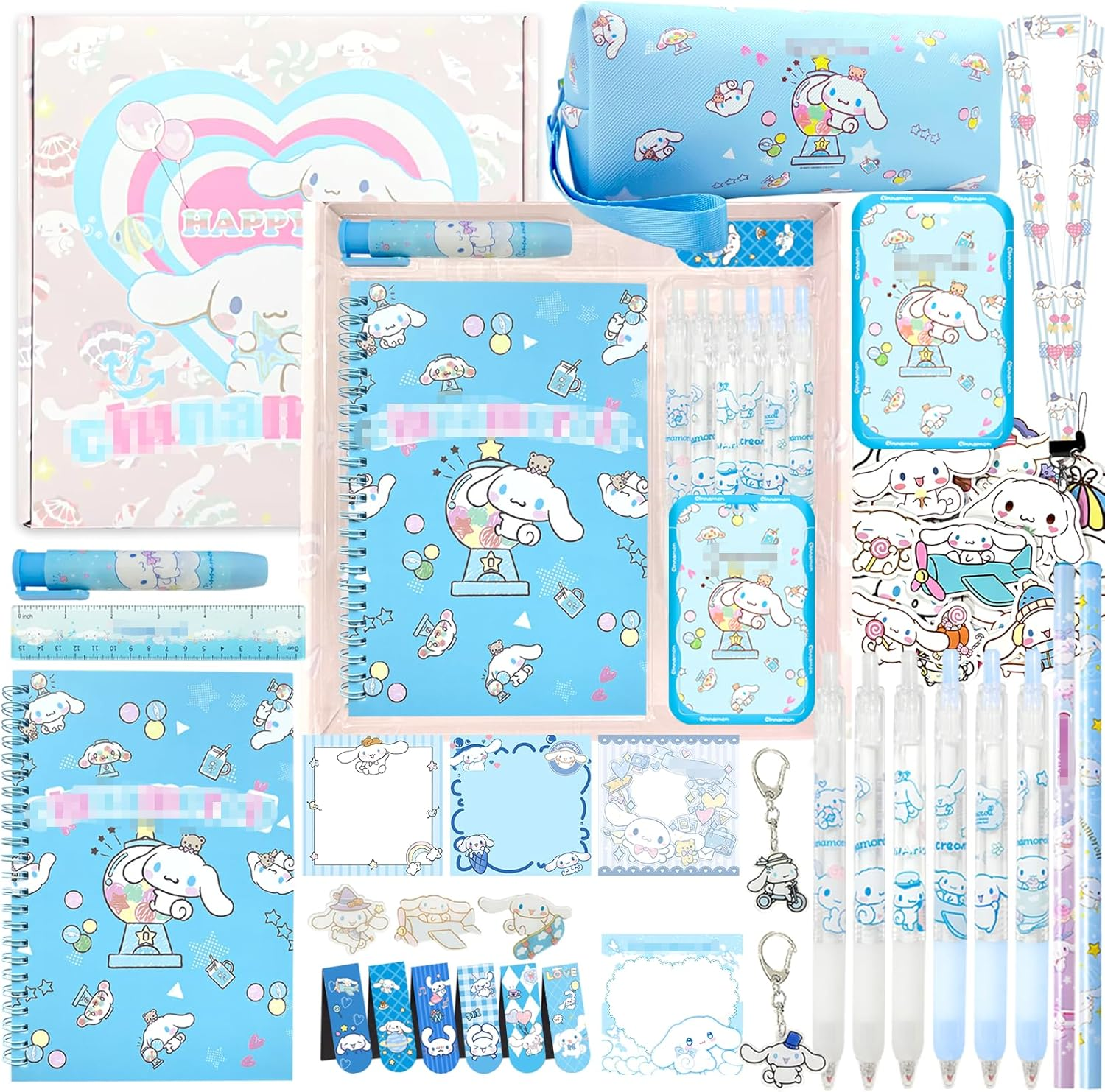 Cute School Supplies Present Set Kawaii Including Ballpoint Pens, Pencil Case, ID Badge Holder, Stickers, Key Chain, A5 Notebook, Bookmark, Eraser, Ruler for Girls Kids Teens